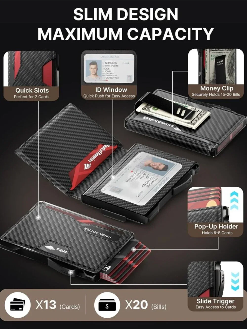 Slim RFID-Blocking Leather Wallet for Men with Money Clip & ID Window, Holds